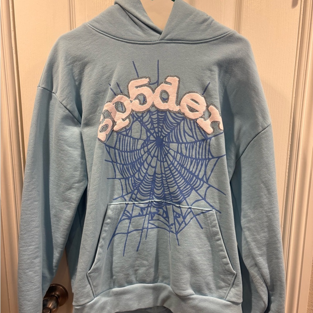 (Young Thug) Sp5der Graphic Sweatshirt - Light Blue and Silver